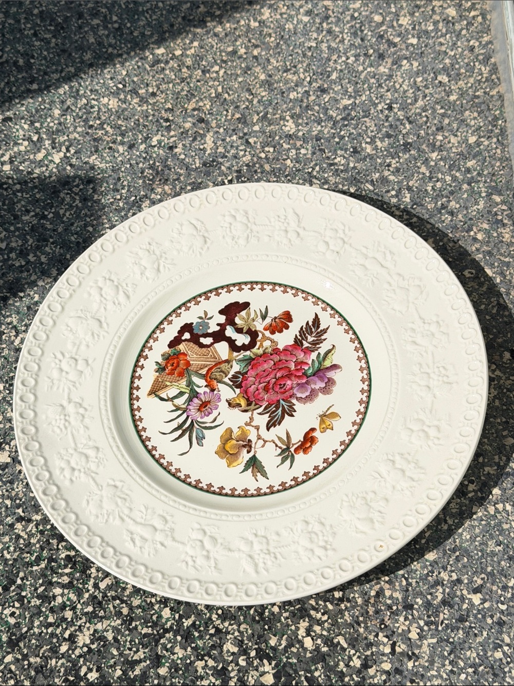 Decorative White Floral Embossed Dinner Plate : Large Wedgwood Plate